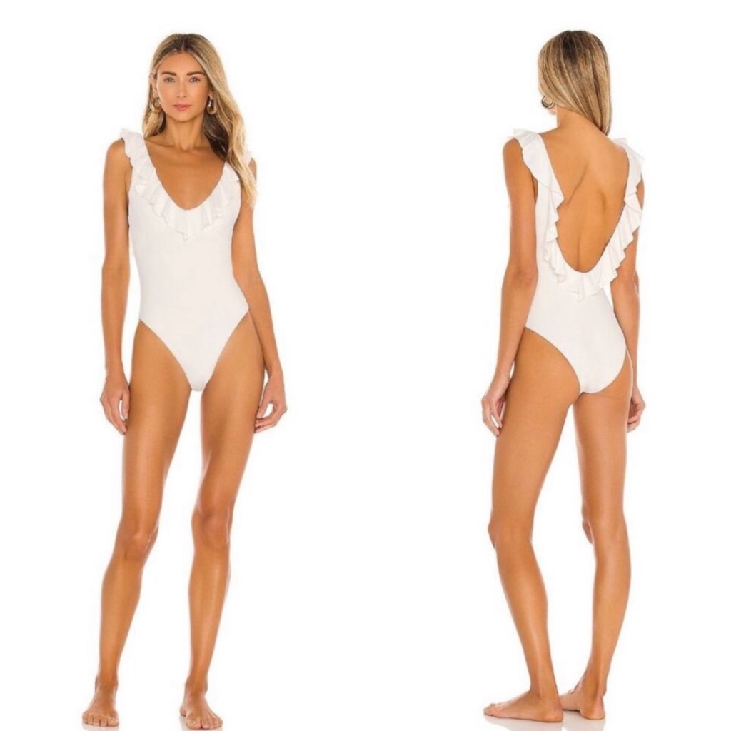 Eberjey Women's Xs So Solid Loreta One Piece Swimsuit Ecru Cheeky Ruffles New